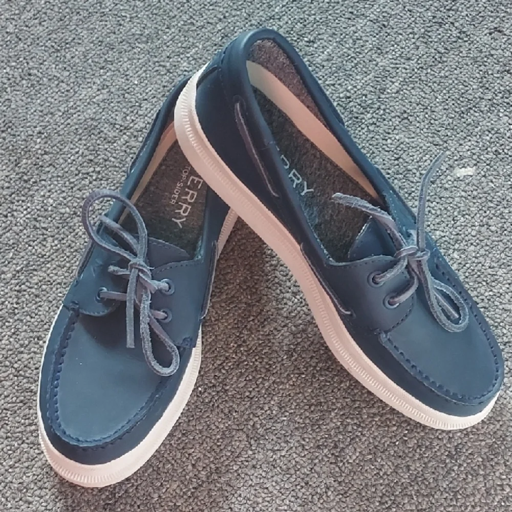 Sperry Navy Blue Boat Shoes with White Trim